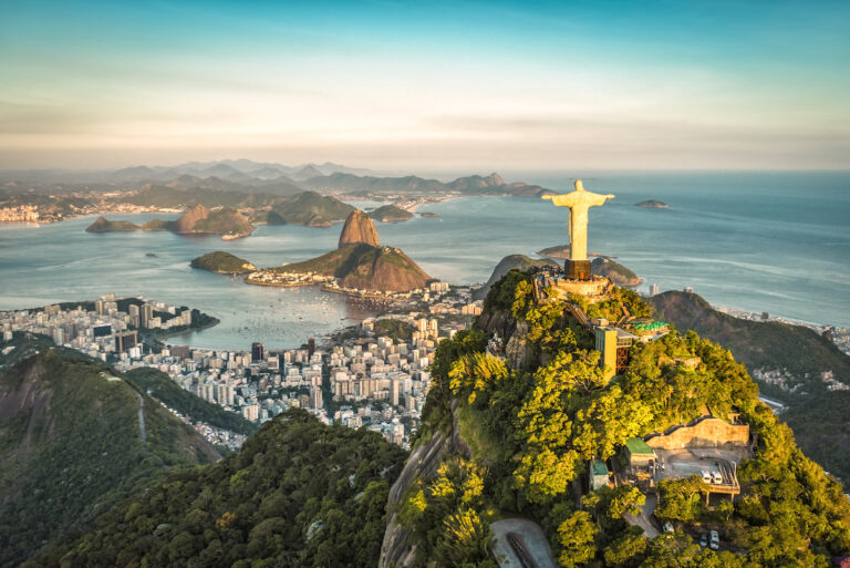 RIO DE JANEIRO, BRAZIL - CIRCA FEBRUARY 2016: Aerial view of Christ The Reedemer, Botafogo Bay and Sugar Loaf Mountain.